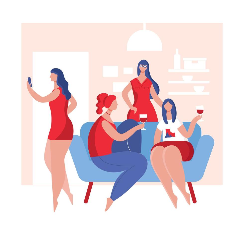 A gathering of young women for fun and drinking. Female friends sitting on the couch, talking, drinking wine, laughing. Flat cartoon vector