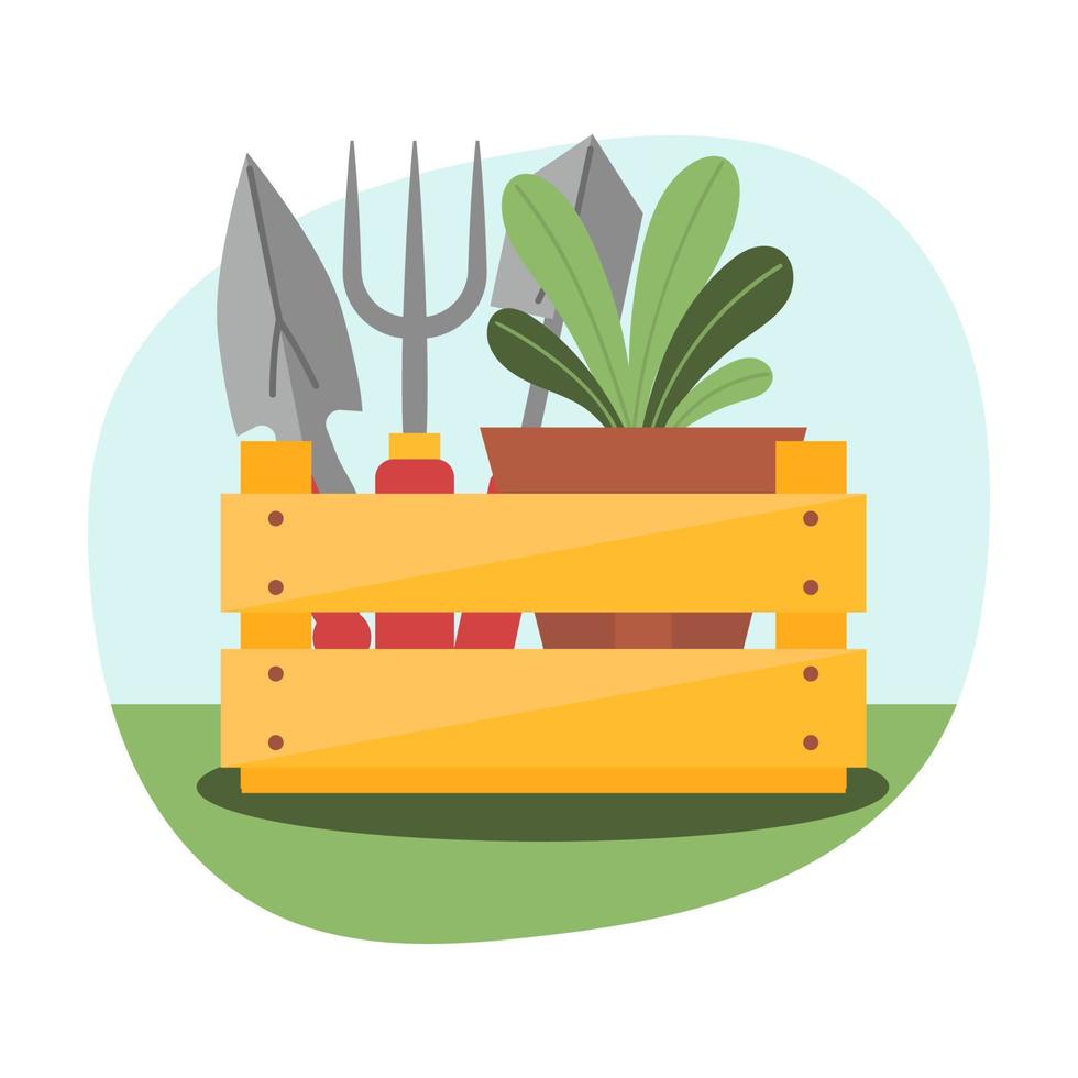 a box of Gardening tools.Wooden box with shovels, flower pot, plant.Gardening, Hobbies, spring activity, country.Flat vector illustration