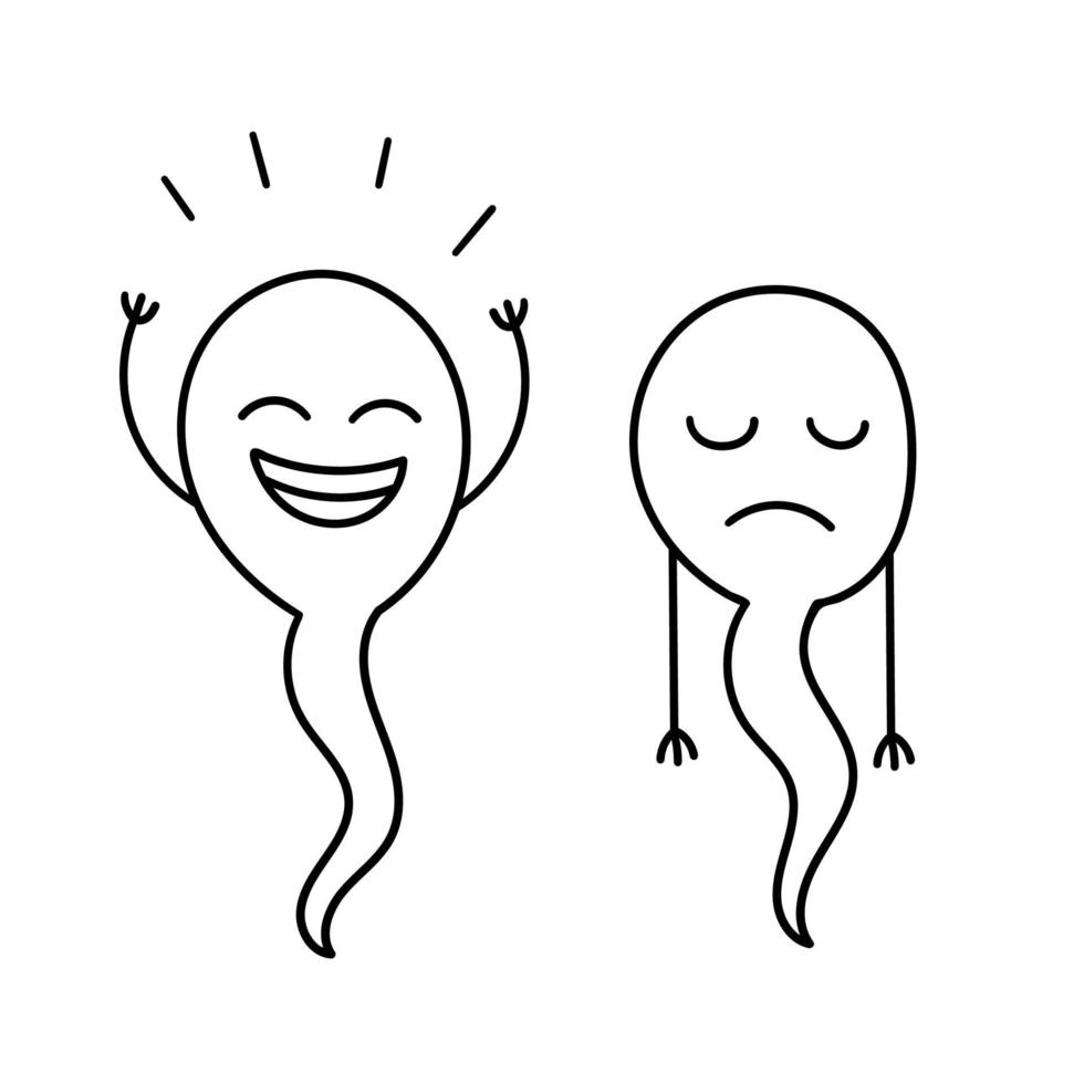 Cheerful strong sperm and sad weak.Health problems, male infertility, fertilization, medicine, IVF, DNA.Doodle illustration vector on white background.isolated.
