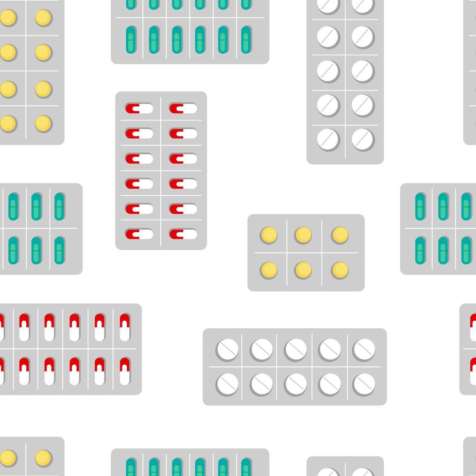 patrón sin costuras de ampollas con tabletas y pastillas. analgésicos, sedantes, pastillas, suplementos, tratamiento, medicina. ilustración vectorial plana sobre fondo blanco vector