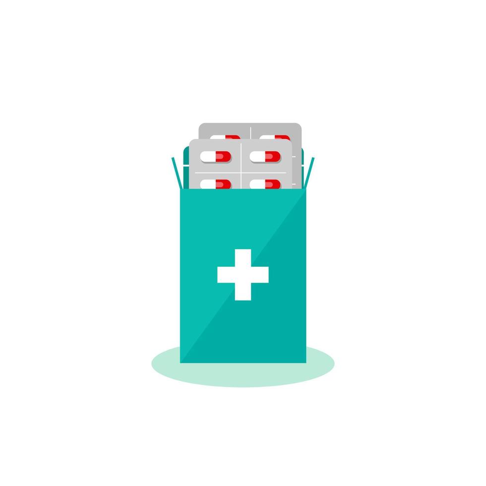 A box of pills.Medications, medications, vitamins, aspirin, painkillers.Vitamins and dietary supplements.Treat disease.Flat vector illustration on a white background