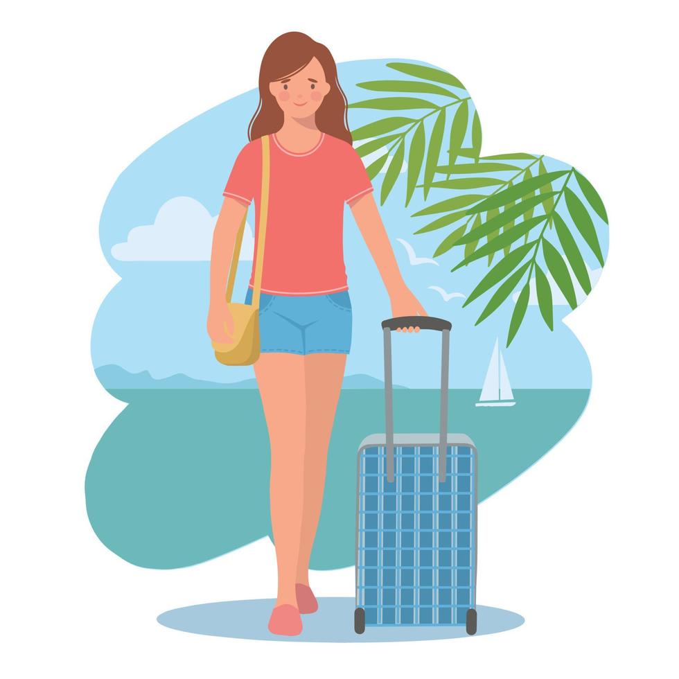 Young girl with a suitcase goes on a trip to the sea. vector