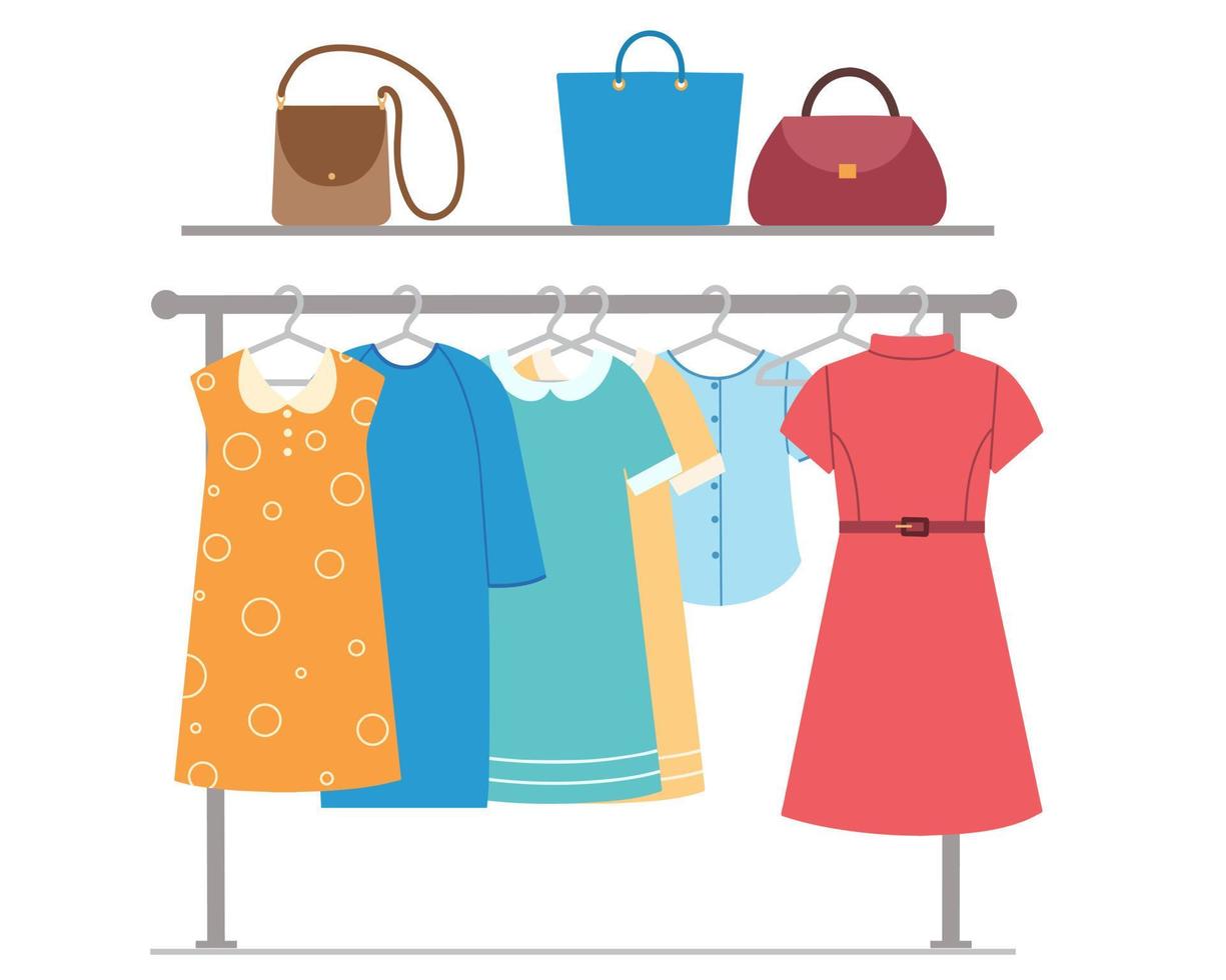 Rack with women's clothes and a shelf with bags. vector