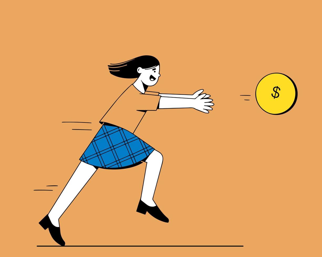 Young woman runs for a gold coin. Businesswoman in pursuit of profit. vector