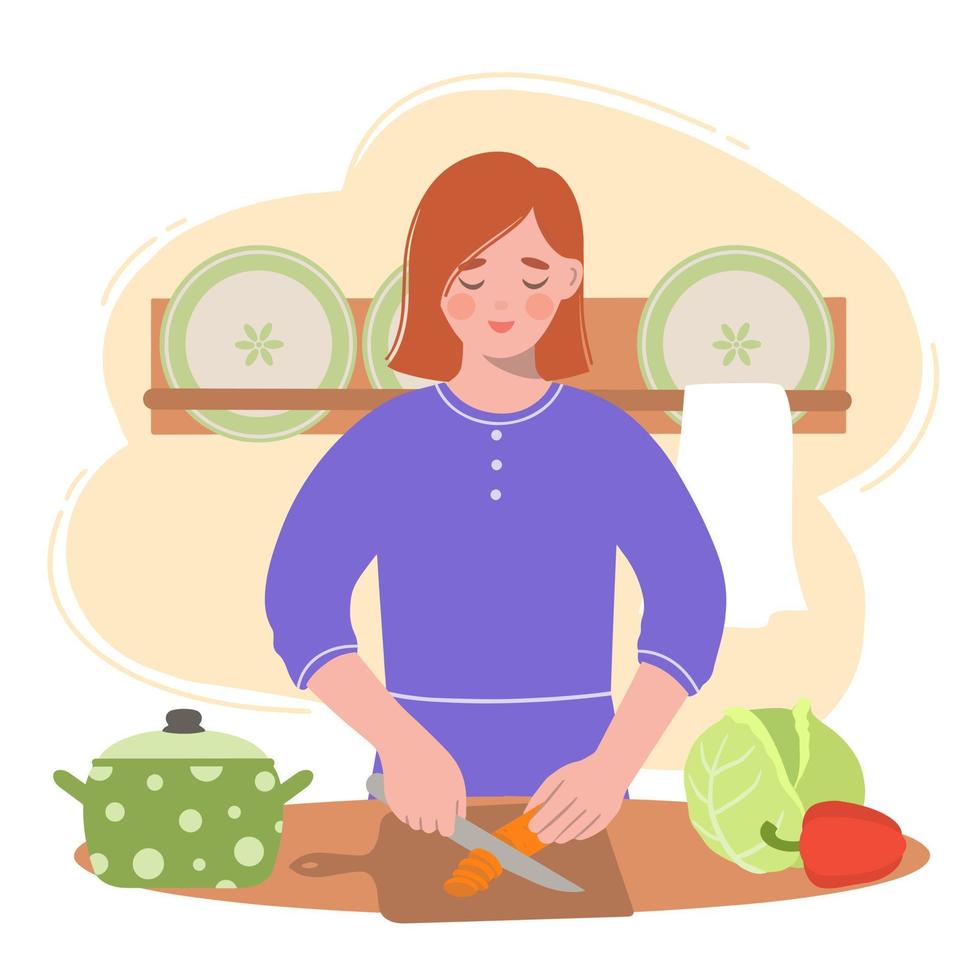 In the kitchen, young woman is slicing fresh vegetables for soup vector