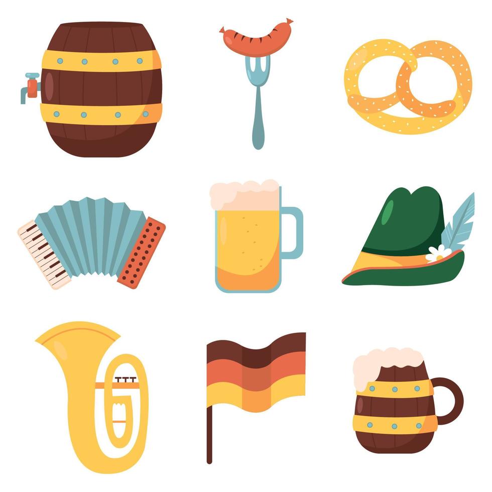 conjunto de vectores de iconos de oktoberfest. cerveza alemana, pretzel, salchicha. colección para festival folklórico en alemania. simbolos de munich alimentos y bebidas.