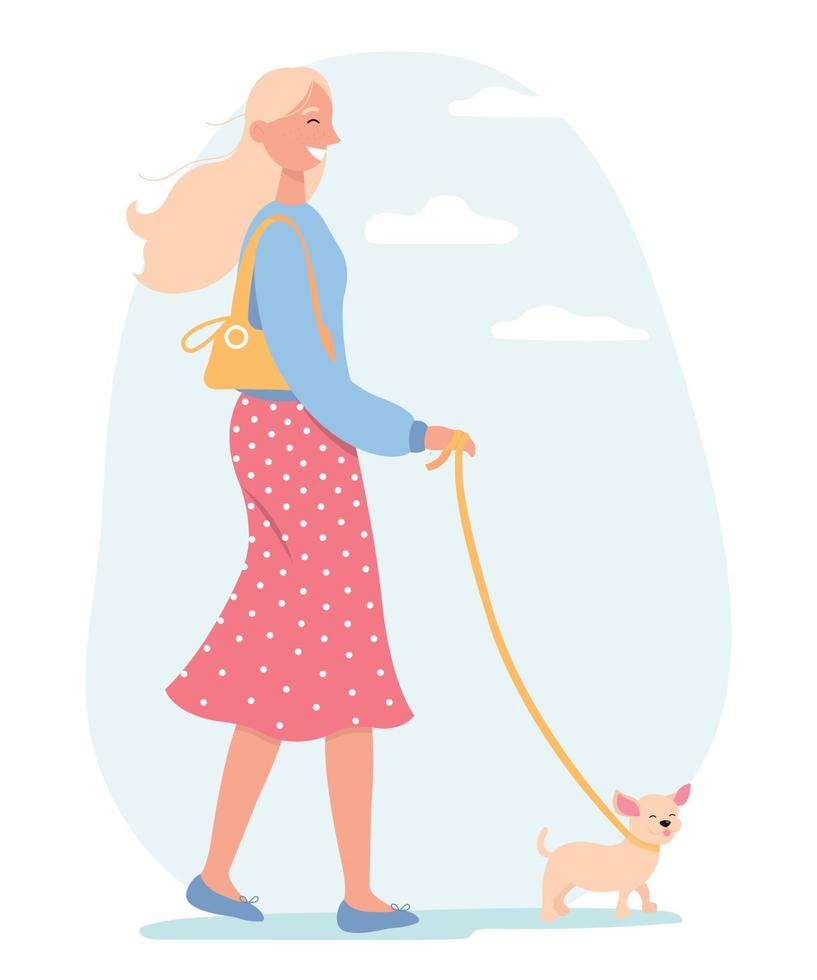 Young woman walking with a dog. Modern female character in casual clothes with pet on leash during stroll. Flat vector illustration isolated on white background