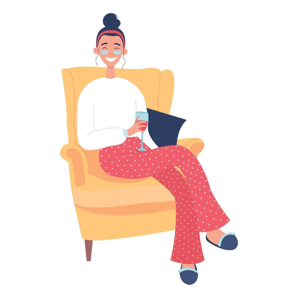 mujer joven feliz sentada en el sillón y sosteniendo un vino tinto. concepto de amante del vino. ilustración vectorial de moda sobre un fondo blanco. vector