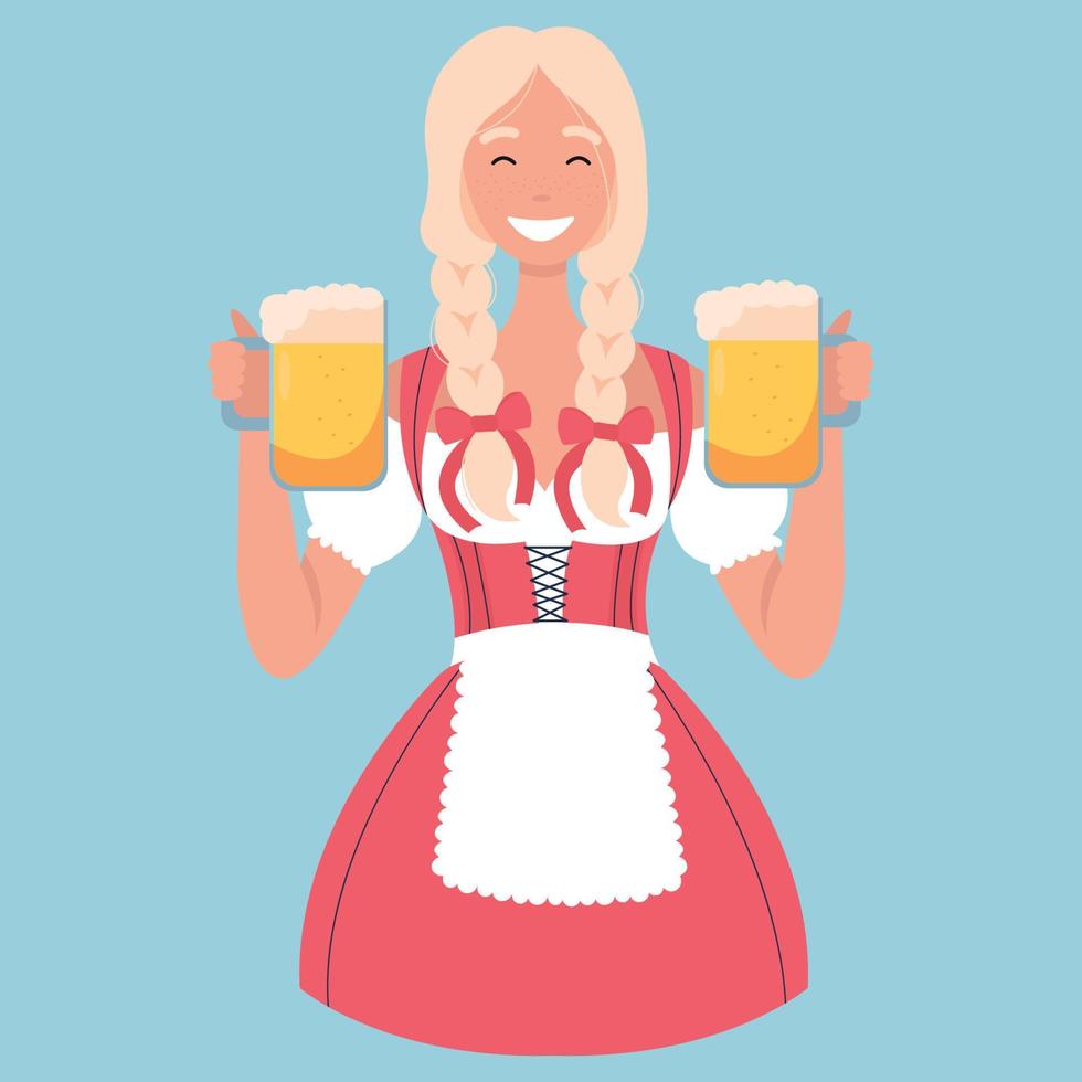 Woman pub waitress in German traditional costume with Oktoberfest beer mugs. Oktoberfest girl in Bavarian dirndl. vector