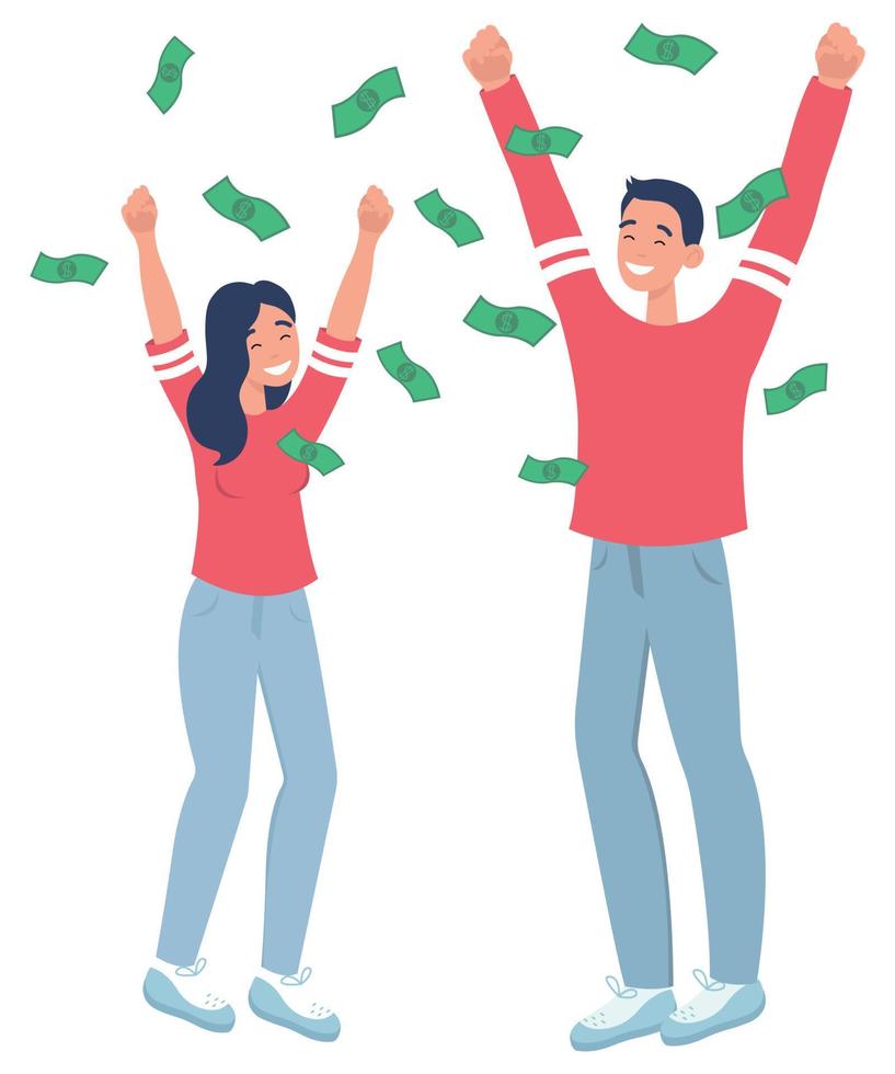 Rich people throwing banknotes and jumping. Flying paper money. Happy man and woman won lottery. Joy of wealthy characters. Vector illustration on a white background.