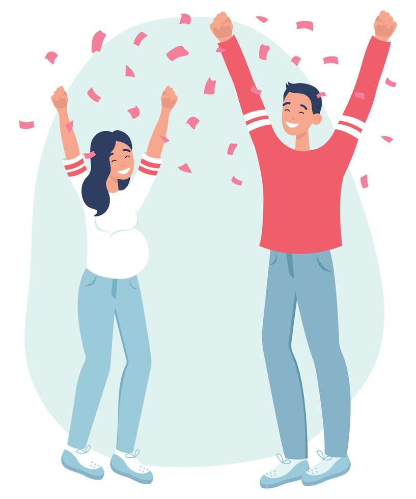 Gender reveal party. It's a girl. Pink confetti is flying around. Flat vector illustration on a white background.