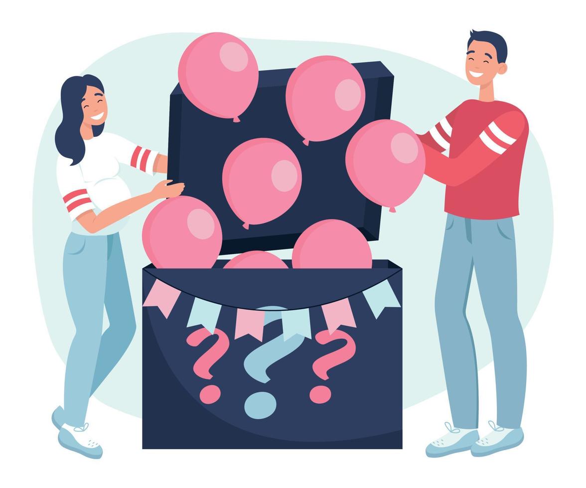 Fiesta de revelación de género. una mujer embarazada y su marido quieren saber el sexo de su bebé. es una chica. los globos rosas salen volando de la caja. ilustración de vector plano sobre un fondo blanco.