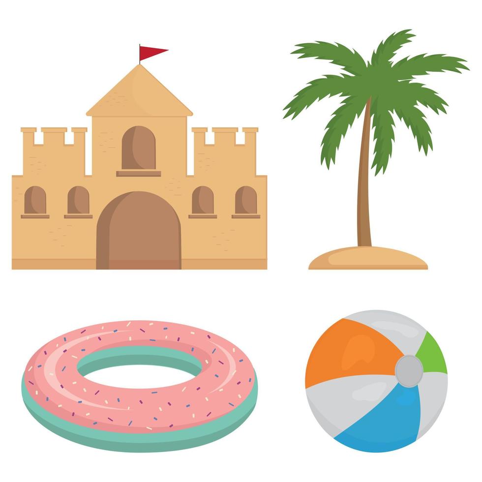 conjunto de castillo de arena, palmera, círculo de natación y pelota inflable para jugar, ilustración de vectores de color