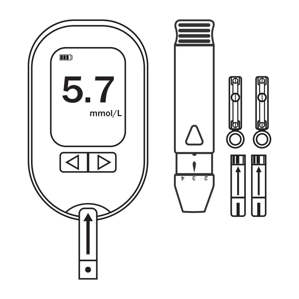 conjunto de iconos con medidor de glucosa en sangre pluma de insulina jeringa contorno de ilustración vectorial aislado vector