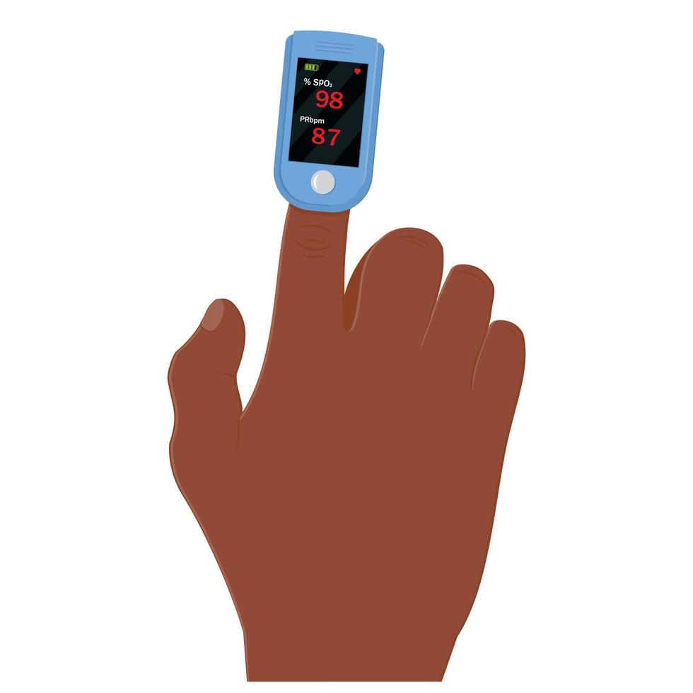 oxygen measuring device on the finger, color vector isolated cartoon-style illustration.