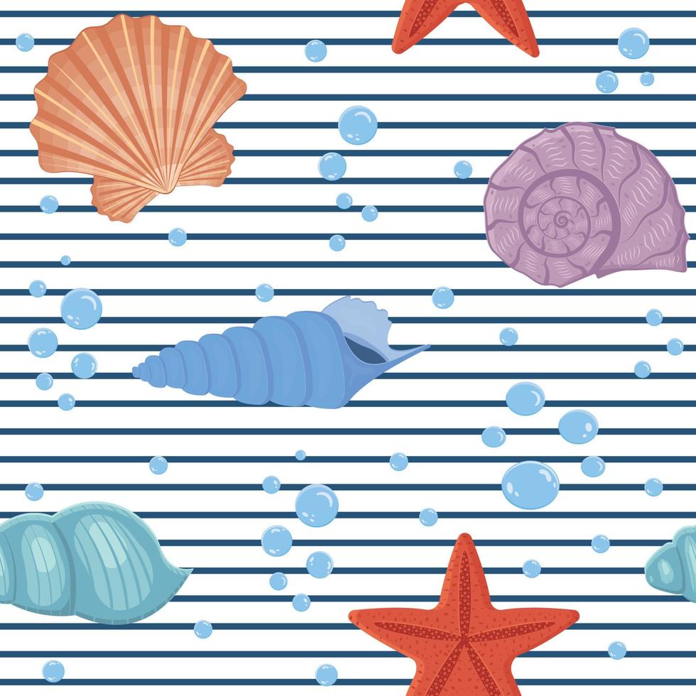 A pattern of seashells of different colors on a white striped background vector