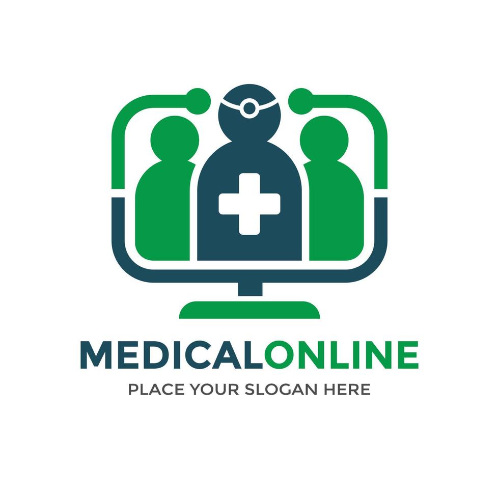 Medical online vector logo template. This design use human and monitor symbol. Suitable for healthy.