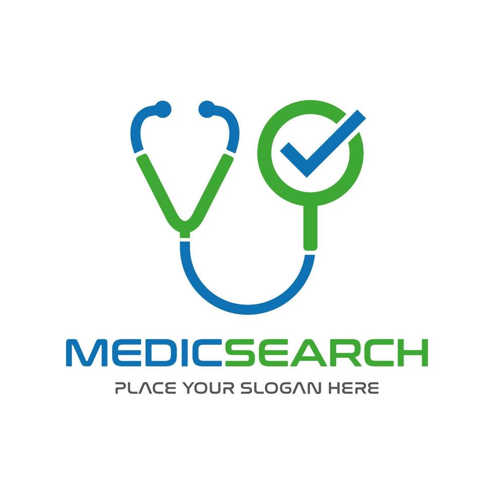 Medical search vector logoteplate. This design use magnifying glass and stethoscope symbol. Suitable for finder doctor business.