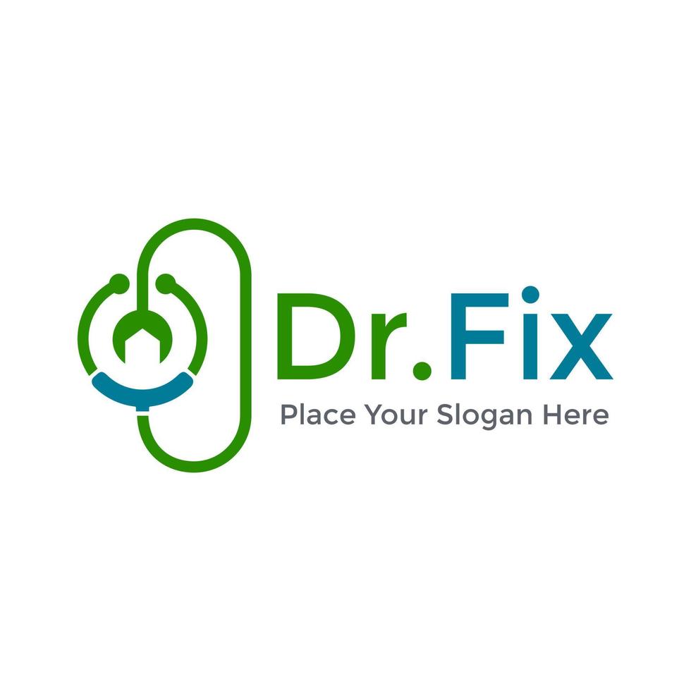 Doctor Fix vector logo template. This design use stethoscope and wrench symbol. Suitable for maintenance.