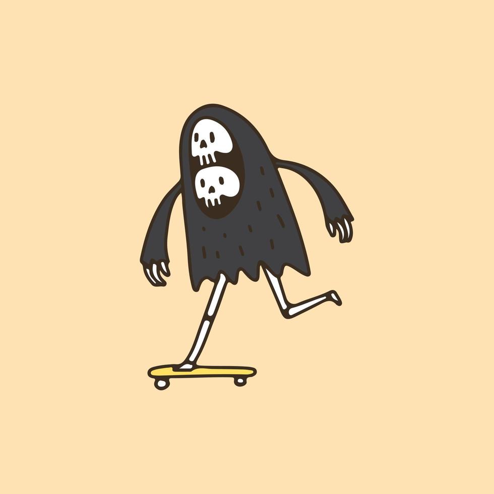 Cute skull grim reaper with two heads riding a skateboard, illustration for t-shirt, poster, sticker, or apparel merchandise. With cartoon style. vector