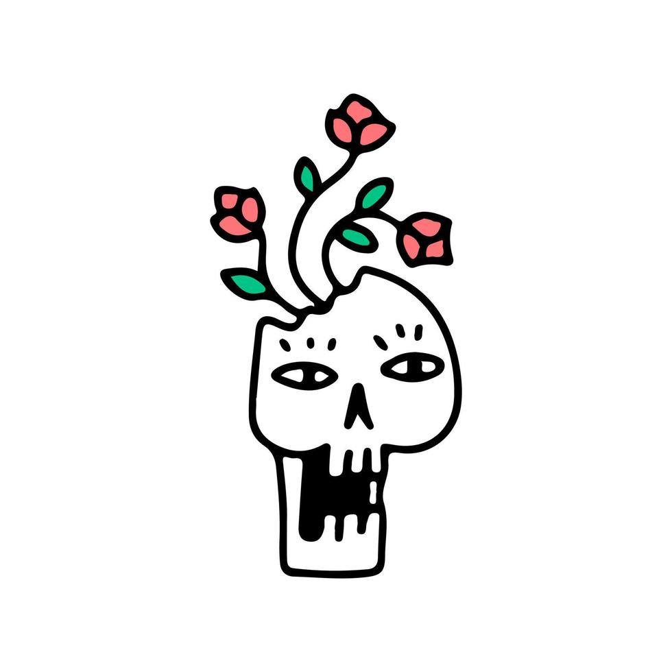 cabeza de cráneo rota con flores, ilustración para camisetas, pegatinas o prendas de vestir. con estilo de dibujos animados de arte pop. vector