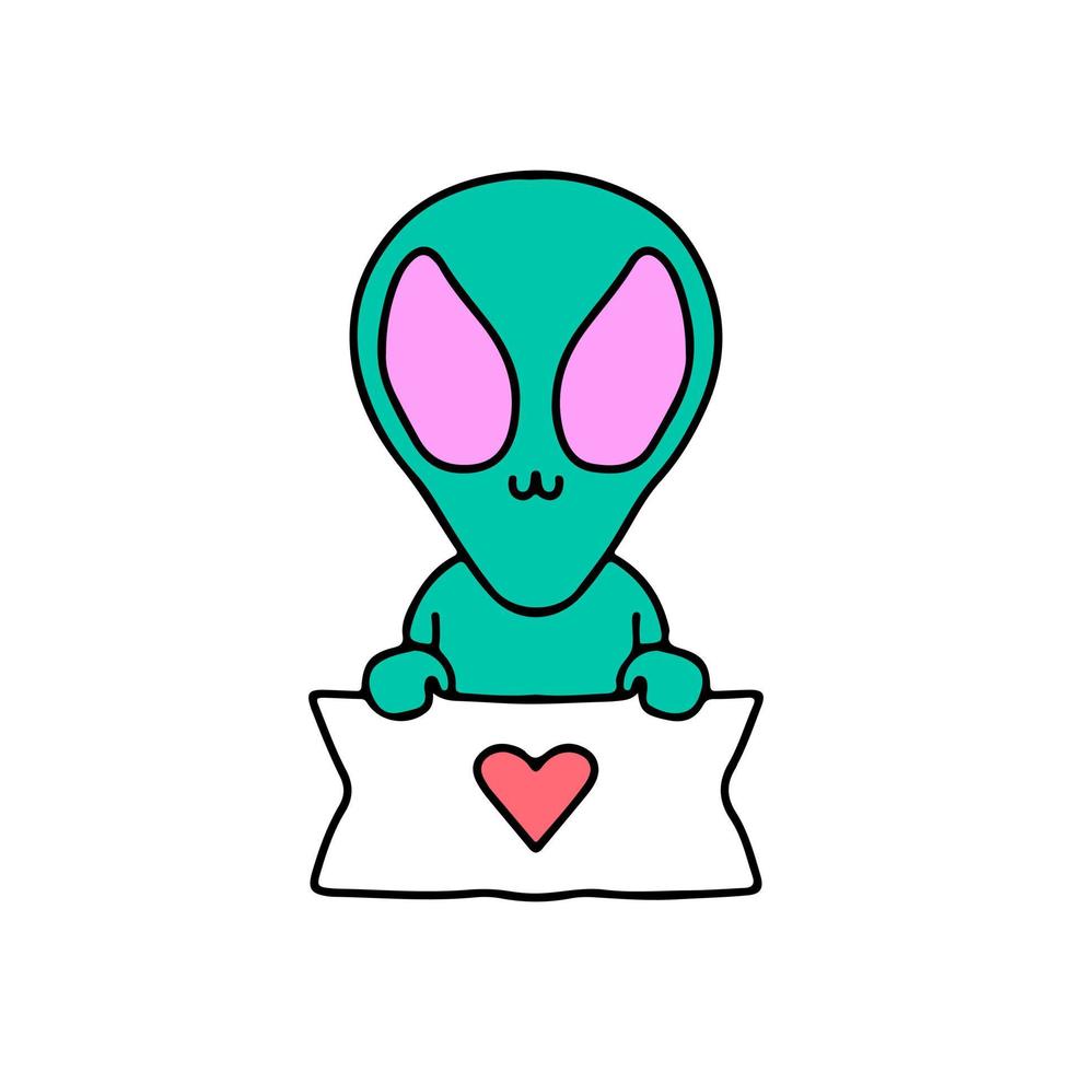 Cute alien mascot character holding love sign. Illustration for sticker and t shirt. vector
