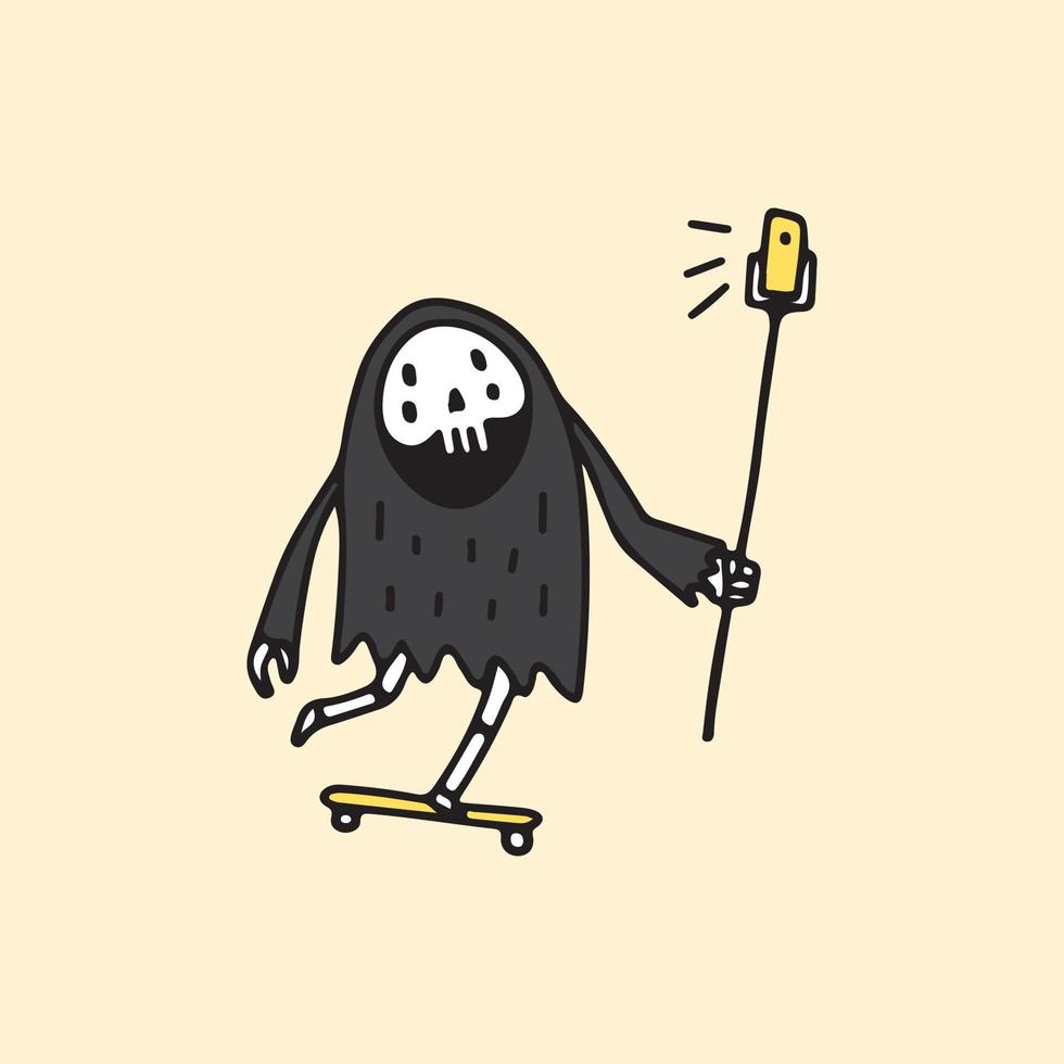 Grim reaper Skull  riding a skateboard and take a selfie, illustration for t-shirt, poster, sticker, or apparel merchandise. With cartoon style. vector