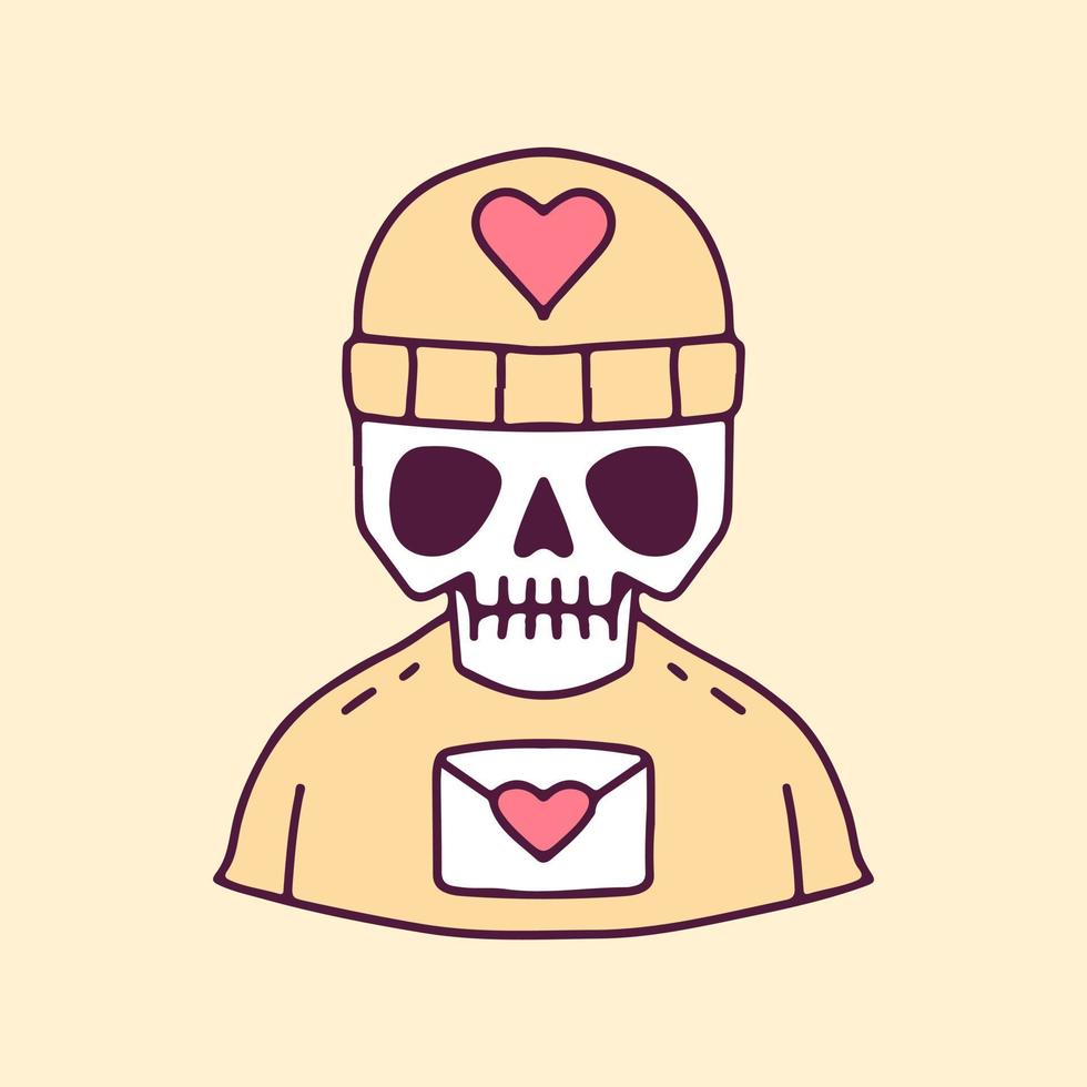 cráneo exagerado con gorro con carta de amor, ilustración para camisetas, afiches, pegatinas o prendas de vestir. con estilo de dibujos animados. vector