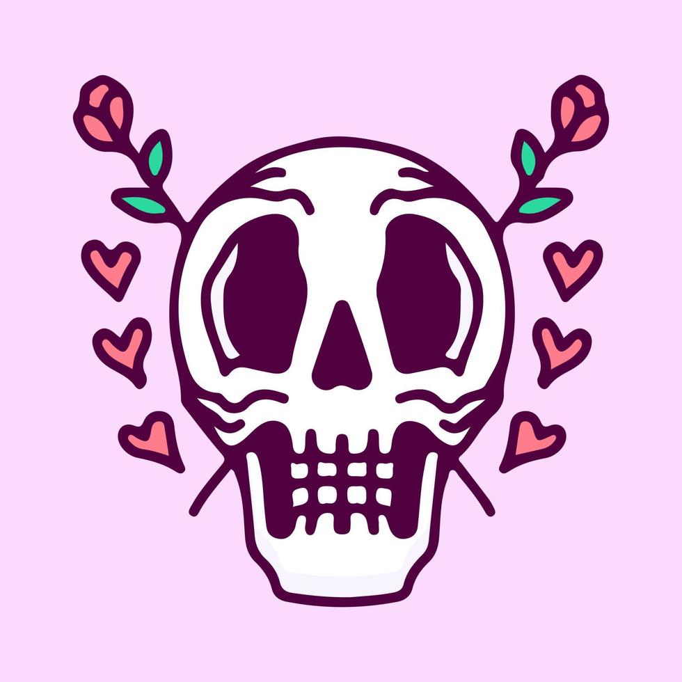 Skull head with crossed flowers, illustration for t-shirt, poster, sticker, or apparel merchandise. With cartoon style. vector