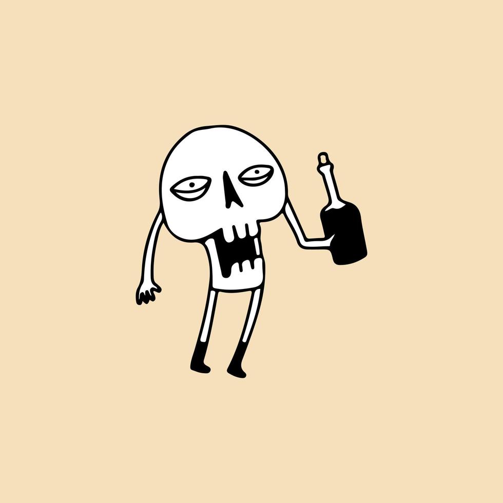 divertido personaje de cabeza de calavera sosteniendo una botella de cerveza, ilustración para camisetas, pegatinas o prendas de vestir. con estilo de dibujos animados retro. vector