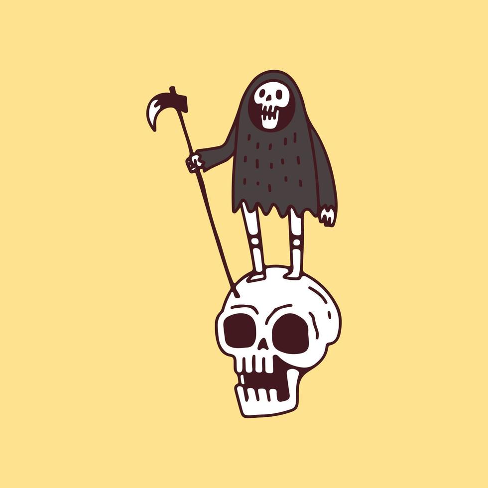 Grim Reaper standing on skull head , illustration for t-shirt, poster, sticker, or apparel merchandise. With retro cartoon style. vector