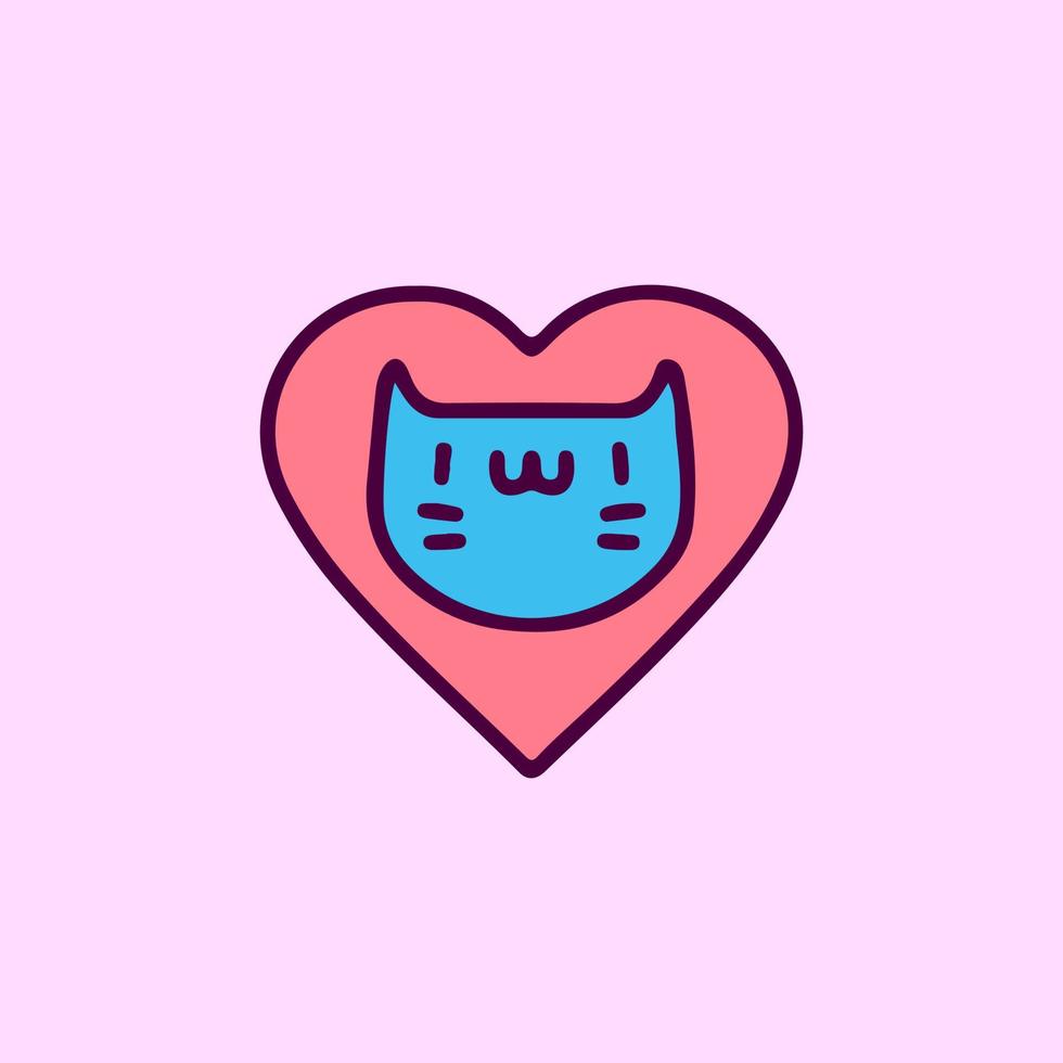 gato y corazón, ilustración para camisetas, afiches, pegatinas o prendas de vestir. con estilo de dibujos animados. vector