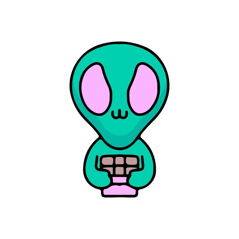 extraterrestre lindo sosteniendo una barra de chocolate, ilustración para camisetas, afiches, calcomanías o prendas de vestir. con estilo de dibujos animados. vector