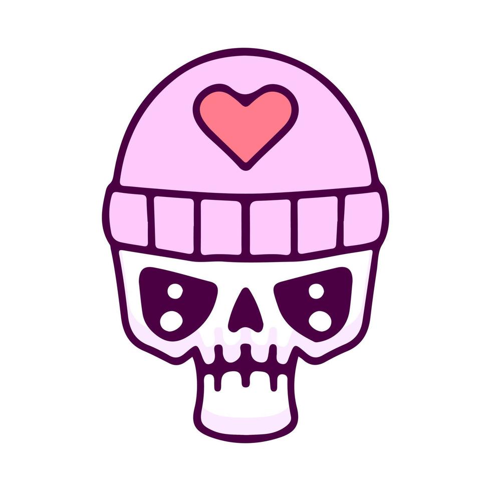 Skull head in beanie hat with love symbol, illustration for t-shirt, poster, sticker, or apparel merchandise. With cartoon style. vector