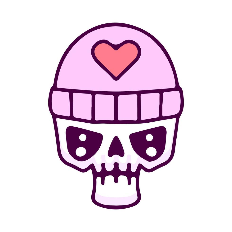 cabeza de calavera con gorro con símbolo de amor, ilustración para camisetas, afiches, pegatinas o prendas de vestir. con estilo de dibujos animados. vector