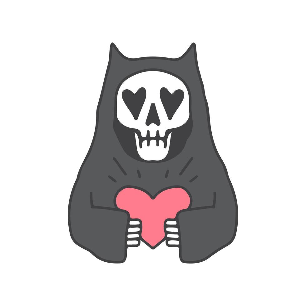 Skull cat holding heart, illustration for t-shirt, poster, sticker, or apparel merchandise. With cartoon style. vector