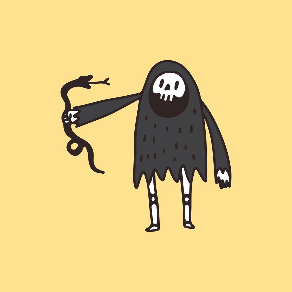 Retro Grim Reaper Skull holding snake, illustration for t-shirt, poster, sticker, or apparel merchandise. With cartoon style. vector