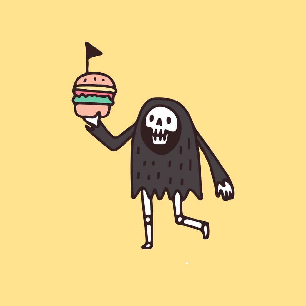 Grim Reaper Skull with burger, illustration for t-shirt, poster, sticker, or apparel merchandise. With retro cartoon style. vector