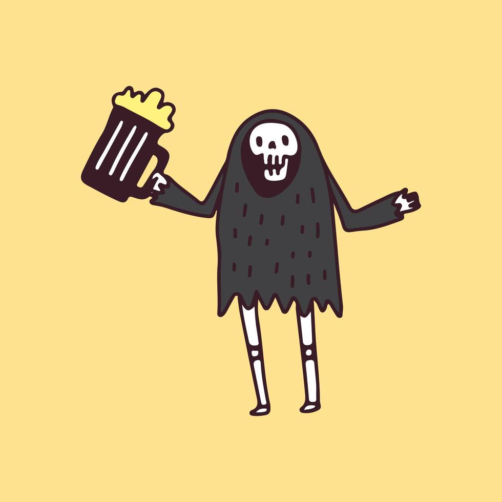 Grim Reaper Skull holding glass of beer, illustration for t-shirt, poster, sticker, or apparel merchandise. With retro cartoon style. vector