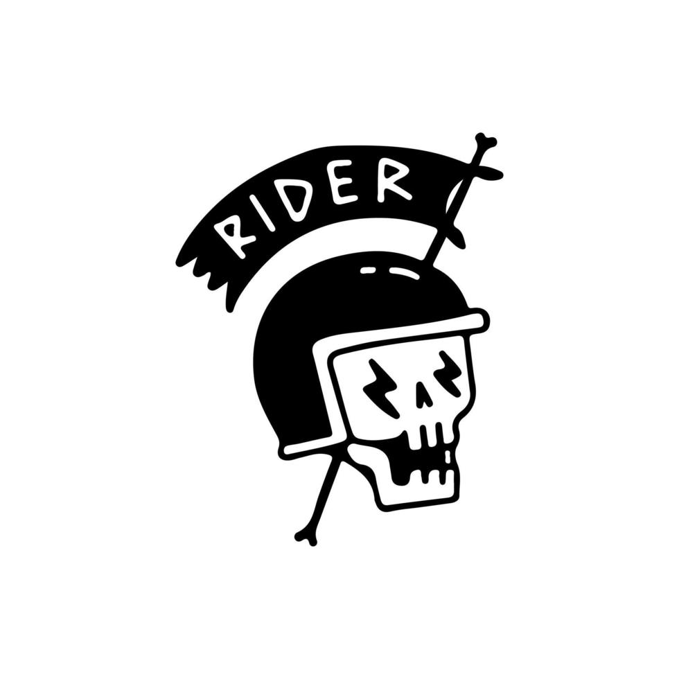 calavera con casco y bandera con tipografía de jinete, ilustración para camisetas, pegatinas o prendas de vestir. con estilo de dibujos animados retro. vector