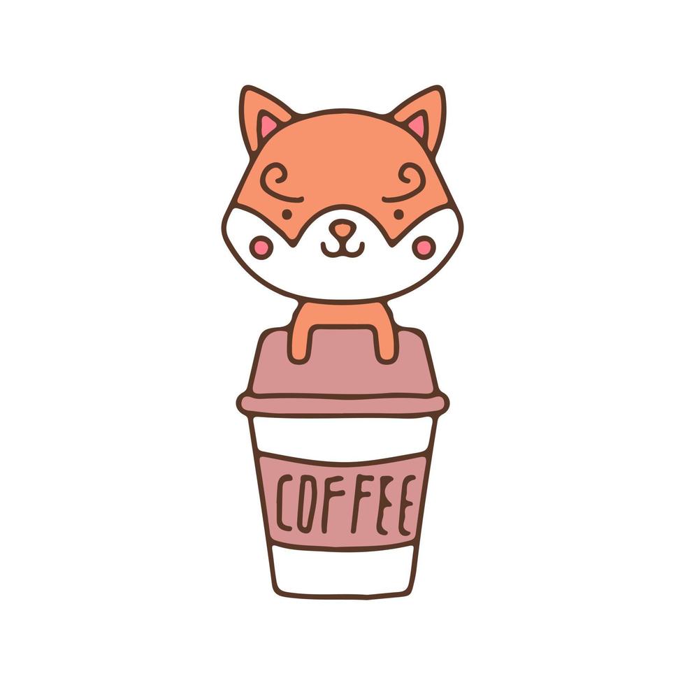 Cute shiba inu with cup of coffee mascot character. Illustration for sticker and t shirt. vector