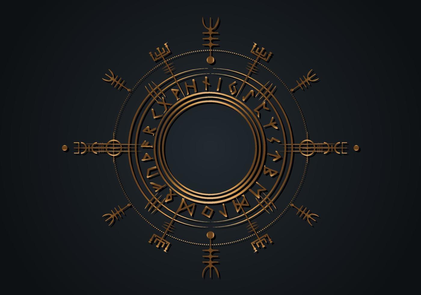 brújula rúnica vikinga asatru pagana, círculo rúnico vegvisir mitología nórdica vikinga. talismán protector dorado. brújula mágica del navegador para los vagabundos. vector aislado sobre fondo negro