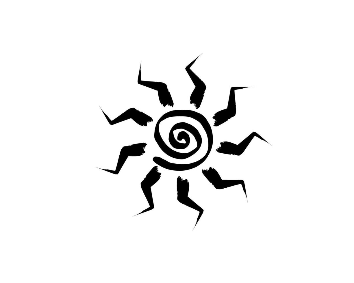 Black Tribal Sun Tattoo Sonnenrad Symbol sun wheel sign. Summer icon. The ancient European esoteric element. Logo Graphic element spiral shape. Vector stroke brush design isolated or white background