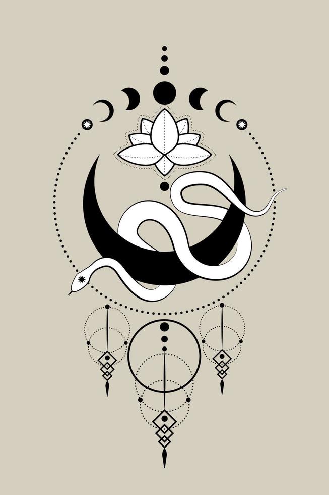 White Snake on Crescent Moon and Lotus Flower, Sacred geometry. Moon Phases, black half moon pagan Wiccan goddess symbol, wicca sign, energy circle, boho style, vector isolated on vintage background