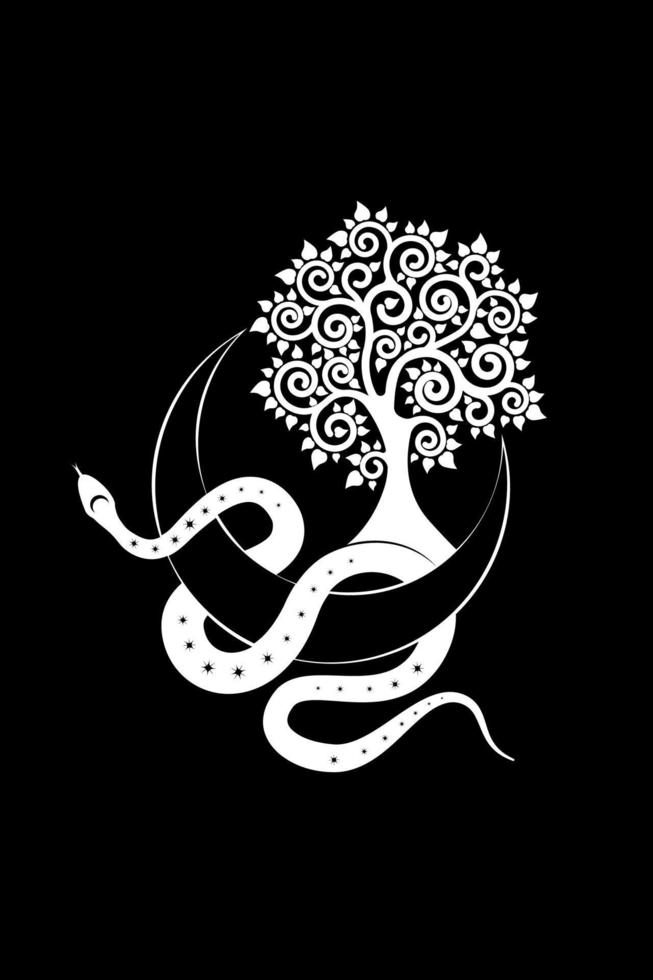 White Snake on Crescent Moon and Tree of life. Sacred geometry, Mystical celestial pagan Wiccan goddess symbol. Half moon wicca banner sign, tattoo, boho style vector isolated on black background
