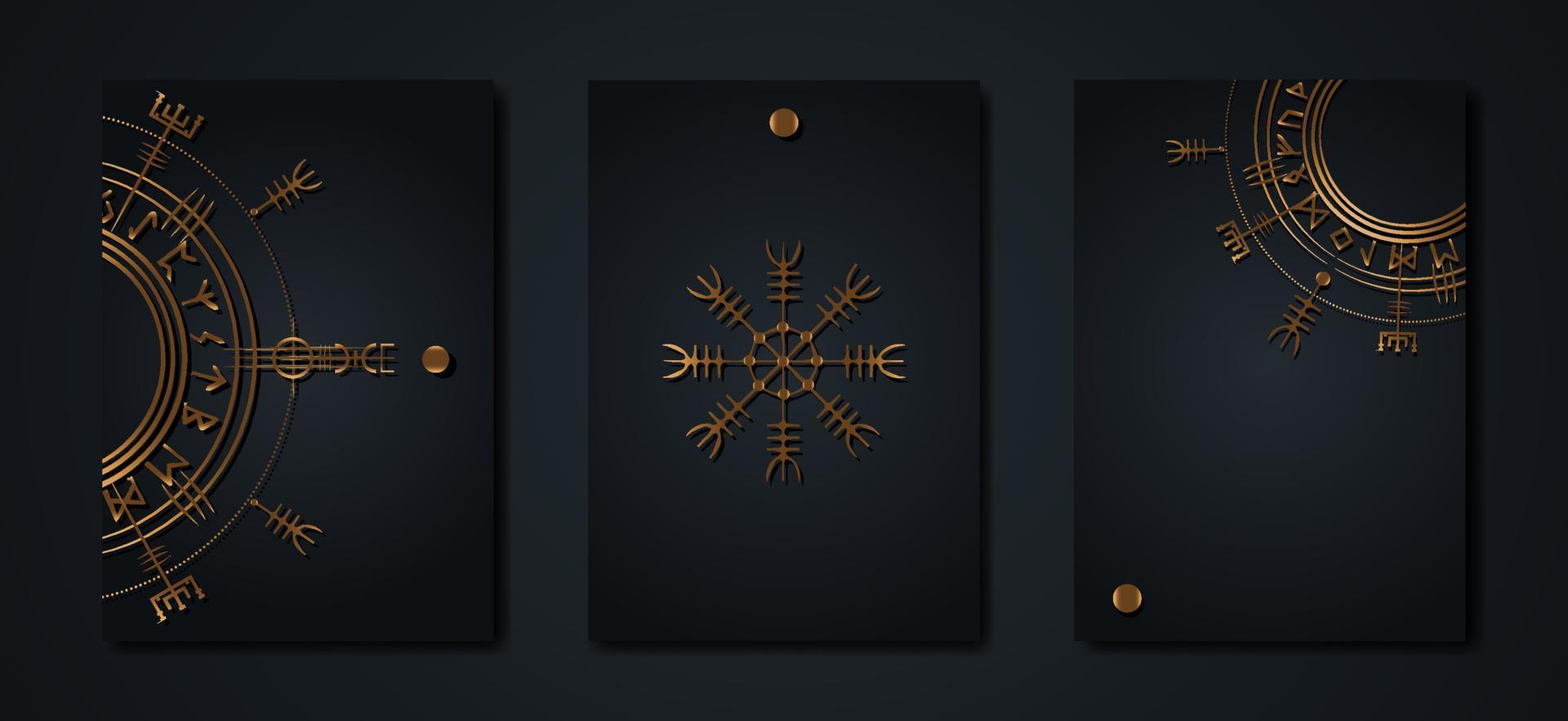 Black card set collection of Magic ancient viking art deco, Gold Vegvisir navigation compass ancient. Vikings symbols, Norse mythology, Luxury golden Logo template icon Wiccan esoteric sign vector