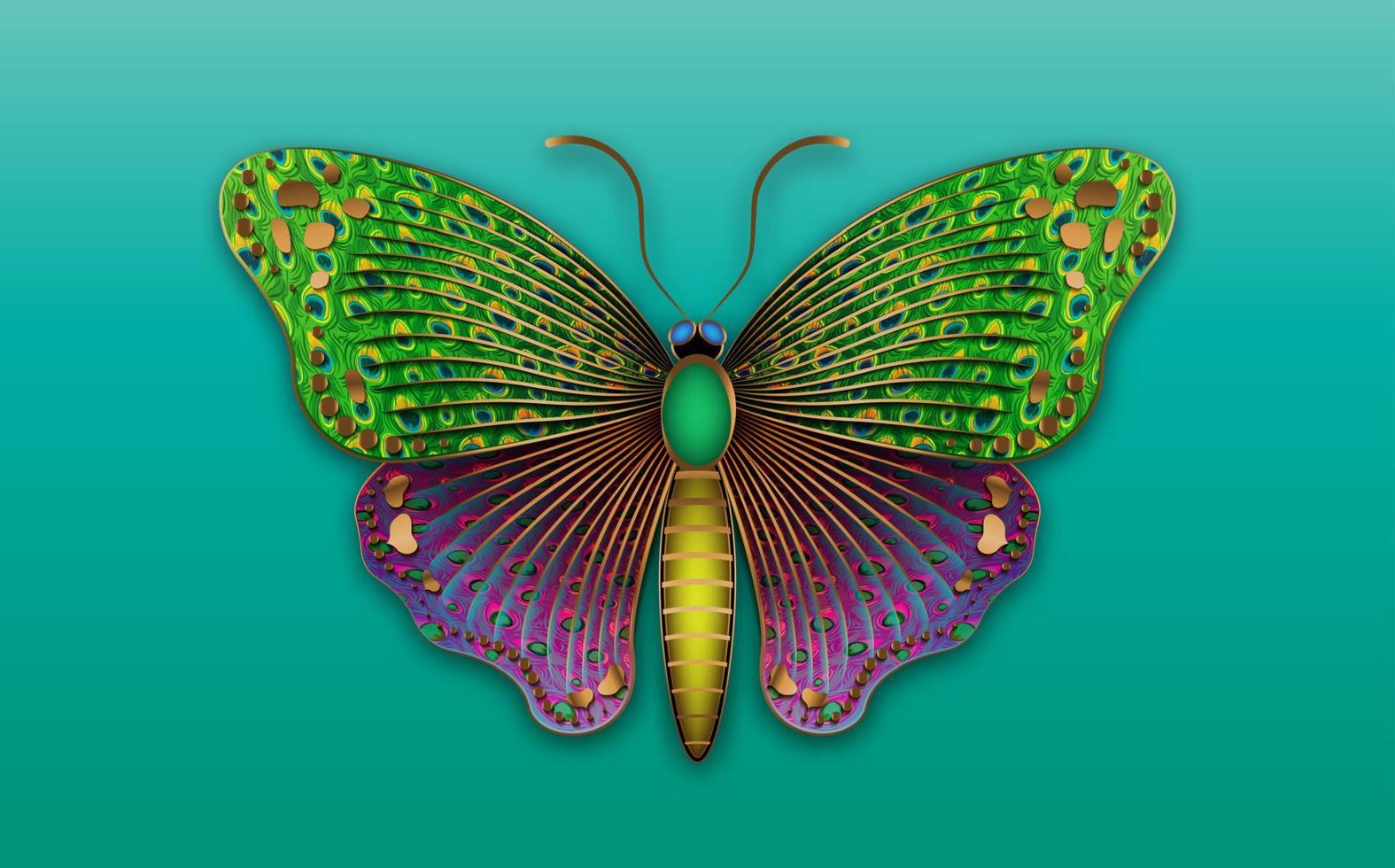textura de pavo real colorida de mariposa decorativa de lujo dorado, ilustración de plantilla de logotipo de joya. diseño vectorial para moda, carteles y estampados de tarjetas, empresa, joyería, aislado en fondo azul vector