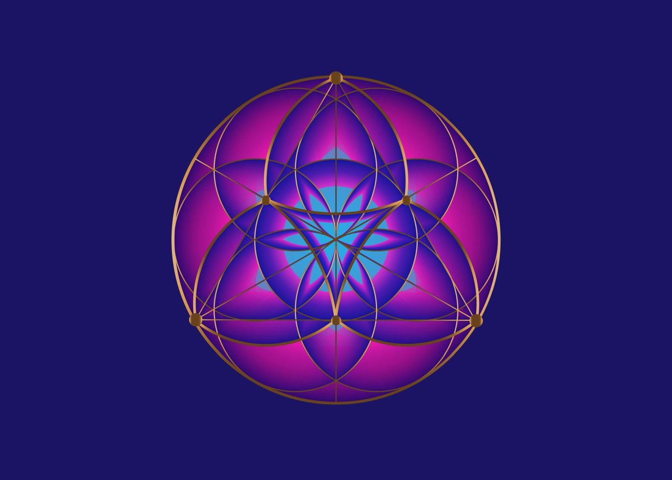 Seed Flower of life lotus icon, yantra mandala sacred geometry, golden symbol of harmony and balance. Purple color Mystical talisman, gold lines vector isolated on blue background