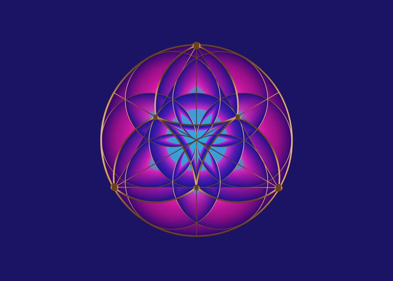 flor de semilla de icono de loto de vida, geometría sagrada de yantra mandala, símbolo dorado de armonía y equilibrio. talismán místico de color púrpura, vector de líneas doradas aislado en fondo azul