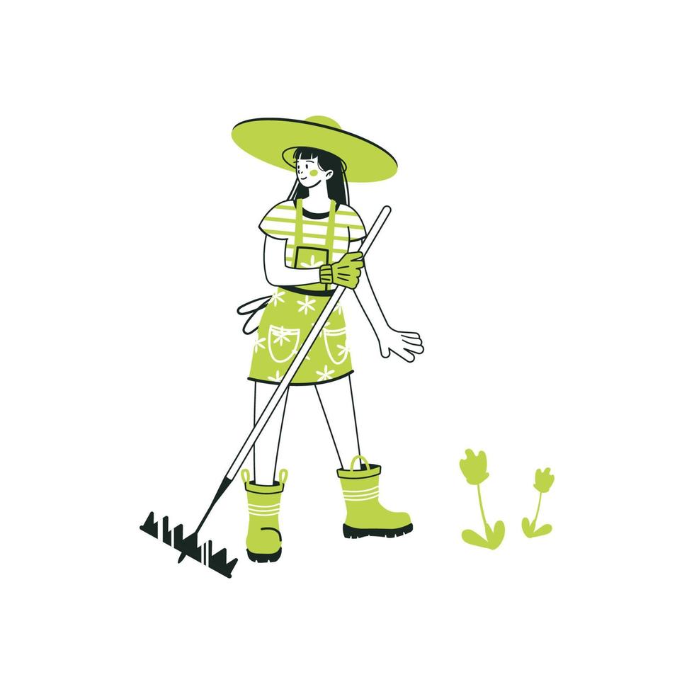 Girl working in the garden or farm. A young woman takes care of plants and vegetables. Hand draw illustration in cartoon style. Gardening concept. Vector